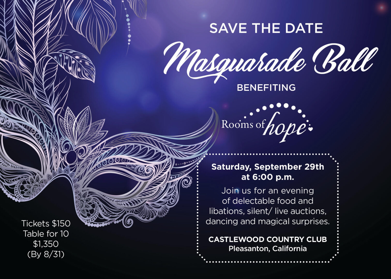 A save the date poster for a masquerade ball